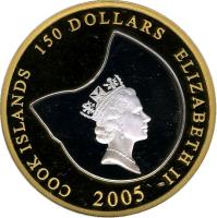 obverse of 150 Dollars - Elizabeth II - Great White Shark (2005) coin from Cook Islands. Inscription: COOK ISLANDS 150 DOLLARS ELIZABETH II RDM 2005