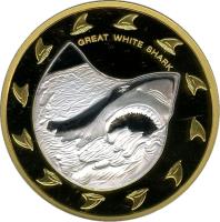 reverse of 150 Dollars - Elizabeth II - Great White Shark (2005) coin from Cook Islands. Inscription: GREAT WHITE SHARK WR