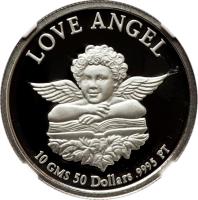 Cook Islands coin 50 Dollars - Elizabeth II - Christmas (1997) reverse reverse of 50 Dollars - Elizabeth II - Christmas (1997) coin from Cook Islands. Inscription: LOVE ANGEL 10 GMS 50 Dollars .9995 PT