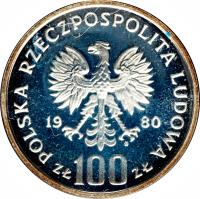 Poland coin 100 Złotych - Environment Protection: Cappercaillie (1980) obverse obverse of 100 Złotych - Environment Protection: Cappercaillie (1980) coin with Y# 121 from Poland.