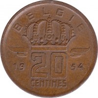 reverse of 20 Centimes - Baudouin I - Dutch text (1954 - 1960) coin with KM# 147 from Belgium. Inscription: 20 CENTIMES BELGIE 19 54