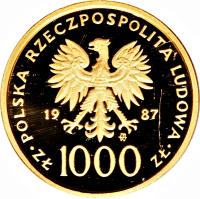 Poland coin 1000 Złotych - Visit of Pope John Paul II (1987) obverse obverse of 1000 Złotych - Visit of Pope John Paul II (1987) coin with Y# 168 from Poland.