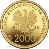 obverse of 2000 Złotych - 10th Anniversary of the Election of Pope John Paul II (1988) coin with Y# 175 from Poland.