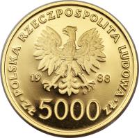 Poland coin 5000 Złotych - 10th Anniversary of the Election of Pope John Paul II (1988) obverse obverse of 5000 Złotych - 10th Anniversary of the Election of Pope John Paul II (1988) coin with Y# 176 from Poland.