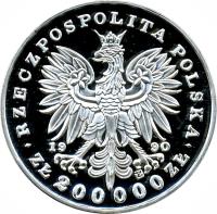 obverse of 200000 Złotych - 180th Anniversary of the Birth of Fryderyk Franciszek Chopin (1990) coin with Y# 205 from Poland.