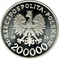 Poland coin 200000 Złotych - 200th Anniversary of the Constitution of May 3 (1991) obverse obverse of 200000 Złotych - 200th Anniversary of the Constitution of May 3 (1991) coin with Y# 218 from Poland. Inscription: RZECZPOSPOLITA POLSKA 19 91 ZŁ 200000 ZŁ