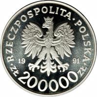 obverse of 200000 Złotych - 200th Anniversary of the Constitution of May 3 (1991) coin with Y# 218 from Poland. Inscription: RZECZPOSPOLITA POLSKA 19 91 ZŁ 200000 ZŁ