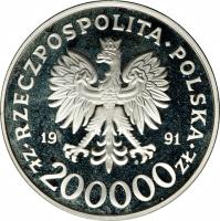 Poland coin 200000 Złotych - 1992 Winter Olympics, Albertville (1991) obverse obverse of 200000 Złotych - 1992 Winter Olympics, Albertville (1991) coin with Y# 226 from Poland. Inscription: RZECZPOSPOLITA POLSKA 19 91 ZŁ 200000 ZŁ
