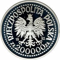 Poland coin 200000 Złotych - 500th Anniversary of the Discovery of America (1992) obverse obverse of 200000 Złotych - 500th Anniversary of the Discovery of America (1992) coin with Y# 230 from Poland. Inscription: RZECZPOSPOLITA POLSKA 19 92 ZŁ 200000 ZŁ