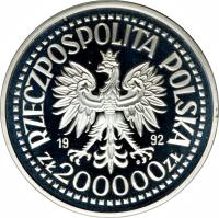 obverse of 200000 Złotych - 500th Anniversary of the Discovery of America (1992) coin with Y# 230 from Poland. Inscription: RZECZPOSPOLITA POLSKA 19 92 ZŁ 200000 ZŁ