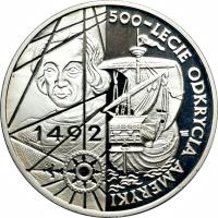 Poland coin 200000 Złotych - 500th Anniversary of the Discovery of America (1992) reverse reverse of 200000 Złotych - 500th Anniversary of the Discovery of America (1992) coin with Y# 230 from Poland. Inscription: 500 - LECIE ODKRYCIA AMERYKI 1492