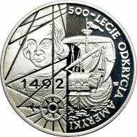 reverse of 200000 Złotych - 500th Anniversary of the Discovery of America (1992) coin with Y# 230 from Poland. Inscription: 500 - LECIE ODKRYCIA AMERYKI 1492