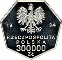 Poland coin 300000 Złotych - 70th Anniversary of the National Bank of Poland (1994) obverse obverse of 300000 Złotych - 70th Anniversary of the National Bank of Poland (1994) coin with Y# 264 from Poland. Inscription: 19 94 RZECZPOSPOLITA POLSKA 300000 ZŁ