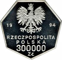 obverse of 300000 Złotych - 70th Anniversary of the National Bank of Poland (1994) coin with Y# 264 from Poland. Inscription: 19 94 RZECZPOSPOLITA POLSKA 300000 ZŁ