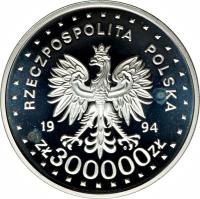 Poland coin 300000 Złotych - 50th Anniversary of the Warsaw Uprising (1994) obverse obverse of 300000 Złotych - 50th Anniversary of the Warsaw Uprising (1994) coin with Y# 269 from Poland. Inscription: RZECZPOSPOLITA POLSKA 19 94 ZŁ 30000 ZŁ
