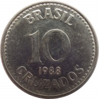 Brazil coin 10 Cruzados (1987 - 1988) reverse reverse of 10 Cruzados (1987 - 1988) coin with KM# 607 from Brazil. Inscription: BRASIL 10 1988 CRUZADOS