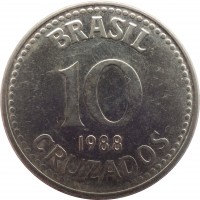 reverse of 10 Cruzados (1987 - 1988) coin with KM# 607 from Brazil. Inscription: BRASIL 10 1988 CRUZADOS