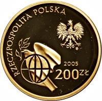 Poland coin 200 Złotych - 60th Anniversary of the End of World War II (2005) obverse obverse of 200 Złotych - 60th Anniversary of the End of World War II (2005) coin with Y# 887 from Poland. Inscription: RZECZPOSPOLITA POLSKA 2005 200 ZŁ