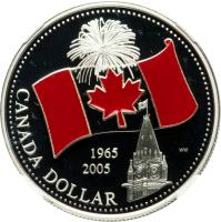 Canada coin 1 Dollar - Elizabeth II - 40th Anniversary of the Canadian Flag - Coloured red (2005) reverse reverse of 1 Dollar - Elizabeth II - 40th Anniversary of the Canadian Flag - Coloured red (2005) coin with KM# 549b from Canada. Inscription: 1985 2005 CANADA DOLLAR