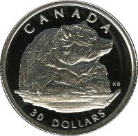 Canada coin 30 Dollars - Elizabeth II - Canadian Wildlife: Grizzly bear (2004) reverse reverse of 30 Dollars - Elizabeth II - Canadian Wildlife: Grizzly bear (2004) coin with KM# 1105 from Canada. Inscription: CANADA 30 DOLLARS KB