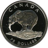 Canada coin 75 Dollars - Elizabeth II - Canadian Wildlife: Grizzly bear (2004) reverse reverse of 75 Dollars - Elizabeth II - Canadian Wildlife: Grizzly bear (2004) coin with KM# 1106 from Canada. Inscription: CANADA 75 DOLLARS KB