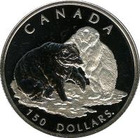 Canada coin 150 Dollars - Elizabeth II - Canadian Wildlife: Grizzly bear (2004) reverse reverse of 150 Dollars - Elizabeth II - Canadian Wildlife: Grizzly bear (2004) coin with KM# 1107 from Canada. Inscription: CANADA 150 DOLLARS KB
