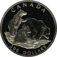 reverse of 300 Dollars - Elizabeth II - Canadian Wildlife: Grizzly bear (2004) coin with KM# 1108 from Canada. Inscription: CANADA 300 DOLLARS KB