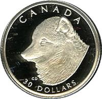 Canada coin 30 Dollars - Elizabeth II - Canadian Wildlife: Arctic fox (1993) reverse reverse of 30 Dollars - Elizabeth II - Canadian Wildlife: Arctic fox (1993) coin with KM# 240 from Canada. Inscription: CANADA 30 DOLLARS CD