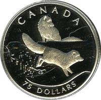 Canada coin 75 Dollars - Elizabeth II - Canadian Wildlife: Arctic fox (1993) reverse reverse of 75 Dollars - Elizabeth II - Canadian Wildlife: Arctic fox (1993) coin with KM# 241 from Canada. Inscription: CANADA 75 DOLLARS CD