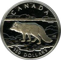 Canada coin 150 Dollars - Elizabeth II - Canadian Wildlife: Arctic fox (1993) reverse reverse of 150 Dollars - Elizabeth II - Canadian Wildlife: Arctic fox (1993) coin with KM# 242 from Canada. Inscription: CANADA 150 DOLLARS CD