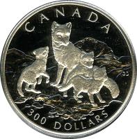 Canada coin 300 Dollars - Elizabeth II - Canadian Wildlife: Arctic fox (1993) reverse reverse of 300 Dollars - Elizabeth II - Canadian Wildlife: Arctic fox (1993) coin with KM# 243 from Canada. Inscription: CANADA 300 DOLLARS CD