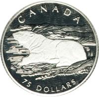 Canada coin 75 Dollars - Elizabeth II - Canadian Wildlife: Polar bear (1990) reverse reverse of 75 Dollars - Elizabeth II - Canadian Wildlife: Polar bear (1990) coin with KM# 175 from Canada. Inscription: CANADA 75 DOLLARS RB
