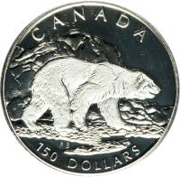 Canada coin 150 Dollars - Elizabeth II - Canadian Wildlife: Polar bear (1990) reverse reverse of 150 Dollars - Elizabeth II - Canadian Wildlife: Polar bear (1990) coin with KM# 176 from Canada. Inscription: CANADA 150 DOLLARS RB