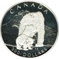 reverse of 300 Dollars - Elizabeth II - Canadian Wildlife: Polar bear (1990) coin with KM# 177 from Canada. Inscription: CANADA 300 DOLLARS RB