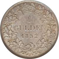 German States coin 1 Gulden - Leopold I (1845 - 1852) reverse reverse of 1 Gulden - Leopold I (1845 - 1852) coin with KM# 219 from German States. Inscription: 1 GULDEN 1852