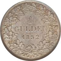 reverse of 1 Gulden - Leopold I (1845 - 1852) coin with KM# 219 from German States. Inscription: 1 GULDEN 1852