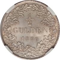 German States coin 1/2 Gulden - Friedrich I (1856 - 1860) reverse reverse of 1/2 Gulden - Friedrich I (1856 - 1860) coin with KM# 234 from German States. Inscription: 1/2 GULDEN 1860