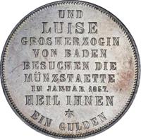 German States coin 1 Gulden - Friedrich I - Visit of the Baden Mint (1857) reverse reverse of 1 Gulden - Friedrich I - Visit of the Baden Mint (1857) coin with KM# 239 from German States. Inscription: UND LUISE GROSHERZOGIN VON BADEN BESUCHEN DIE MÜNZSTAETTE IM JANUAR 1857. HEIL IHNEN * EIN GULDEN