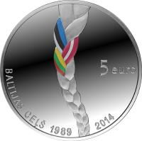 obverse of 5 Euro - 25th Anniversary of the Baltic Way (2014) coin with KM# 161 from Latvia. Inscription: 5 euro BALTIJAS CEĻŠ 1989 2014