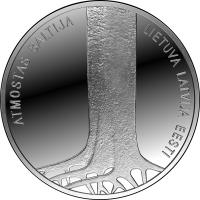 reverse of 5 Euro - 25th Anniversary of the Baltic Way (2014) coin with KM# 161 from Latvia. Inscription: ATMOSTAS BALTIJA LIETUVA LATVIJA EESTI