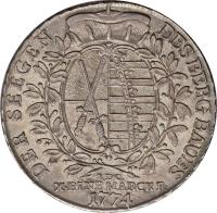 German States coin 1 Taler - Friedrich August III (1769 - 1790) reverse reverse of 1 Taler - Friedrich August III (1769 - 1790) coin with KM# 993 from German States. Inscription: DER SEEGEN / DES BERGBAUES X.EINE MARCK F: 1774