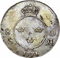 reverse of 8 Ore - Adolf Fredrik (1771) coin with KM# 507 from Sweden. Inscription: 8. Ö. S. M. A.L. 1771