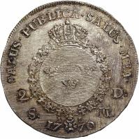 reverse of 2 Daler Silvermynt - Adolf Fredrik (1770) coin with KM# 504 from Sweden. Inscription: SALUS · PUBLICA · SALUS · MEA · 2. D. S. M. AL 17 70