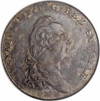 obverse of 3 Daler Silvermynt - Gustav III (1771 - 1775) coin with KM# 509 from Sweden. Inscription: GUSTAVUS III · D · G · REX SVECIAE ·