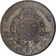 reverse of 3 Daler Silvermynt - Gustav III (1771 - 1775) coin with KM# 509 from Sweden. Inscription: FÄDERNESLANDET · 3 · D · S · M · O · L · 1774