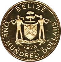 obverse of 100 Dollars - Elizabeth II (1976) coin with KM# 52 from Belize. Inscription: BELIZE SUB UMBRA FLOREO 1976 500/1000 FINE GOLD ONE HUNDRED DOLLARS FM