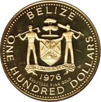 Belize coin 100 Dollars - Elizabeth II (1976) obverse obverse of 100 Dollars - Elizabeth II (1976) coin with KM# 52 from Belize. Inscription: BELIZE SUB UMBRA FLOREO 1976 500/1000 FINE GOLD ONE HUNDRED DOLLARS FM