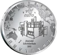 reverse of 5 Euro - Willem-Alexander - World Heritage Netherlands: Rietveld Schröderhuis (2013) coin with KM# 337 from Netherlands. Inscription: vijf euro Rietveld Schröderhuis 2013 NEDERLANDS WERELDERFGOED