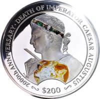 British Virgin Islands coin 200 Dollars - Elizabeth II - 2000th Anniversary of the death of Emperor August (2014) reverse reverse of 200 Dollars - Elizabeth II - 2000th Anniversary of the death of Emperor August (2014) coin with KM# 470 from British Virgin Islands. Inscription: 2000th ANNIVERSARY · DEATH OF IMPERATOR CAESAR AUGUSTUS PM $200