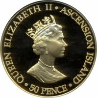 Ascension Island coin 50 Pence - Elizabeth II - 100th Anniversary of the Birth of the Queen Mother (2000) obverse obverse of 50 Pence - Elizabeth II - 100th Anniversary of the Birth of the Queen Mother (2000) coin with KM# 12b from Ascension Island. Inscription: QUEEN ELIZABETH II · ASCENSION ISLAND RDM · 50 PENCE ·